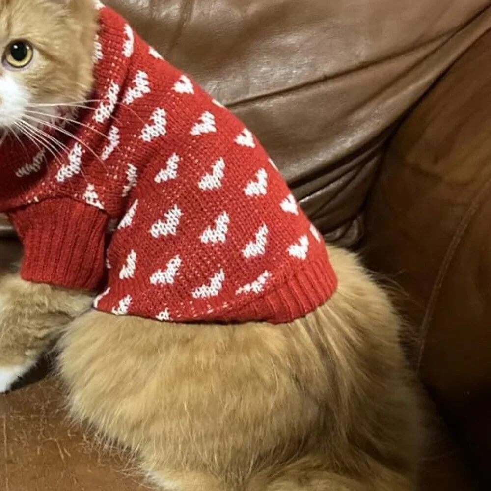 Red Dog & Cat Sweater Knitted Heart Puppy Pullover Warm Soft Holidays Clothes